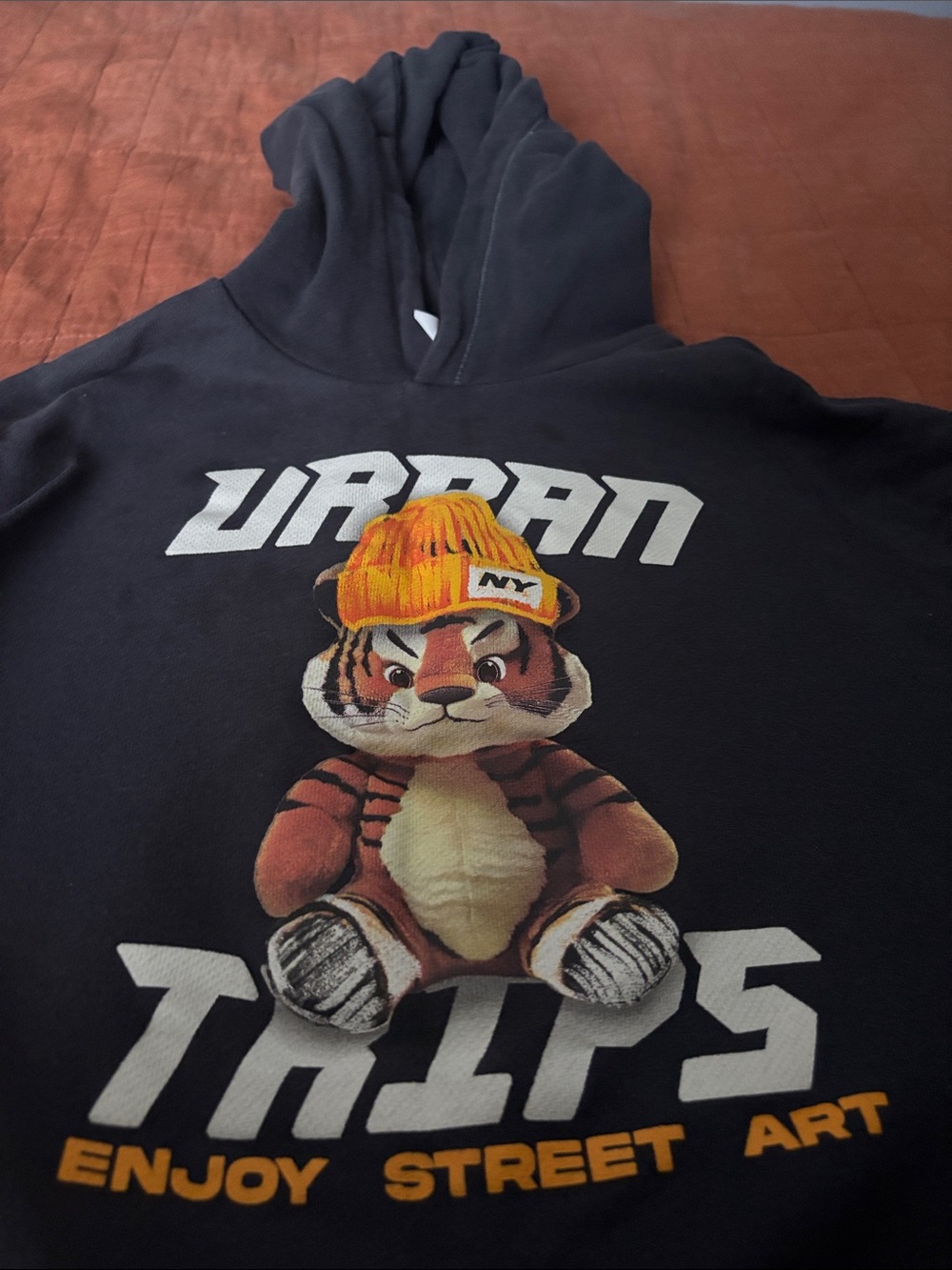 Zara Black Hoodie with Tiger Graphic and Yellow Beanie